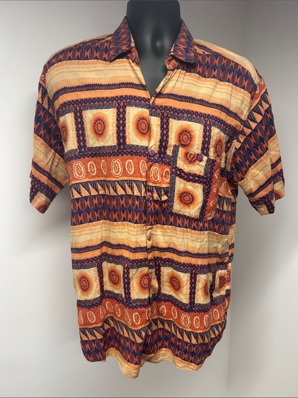 Vintage 90s Thums Up For Him Rayon Tribal Abstract Geometric Button Shirt Size M